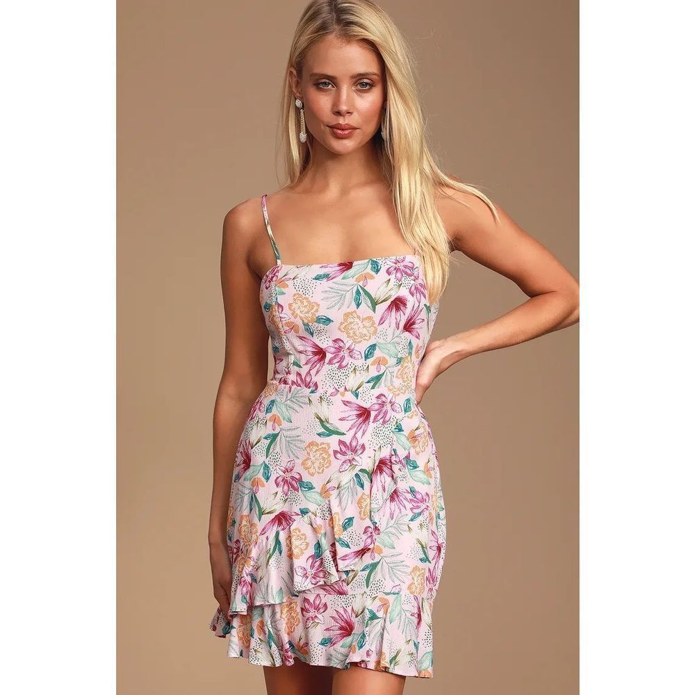 Lulu’s Lavender Tropical Print Ruffled Mini Dress XL